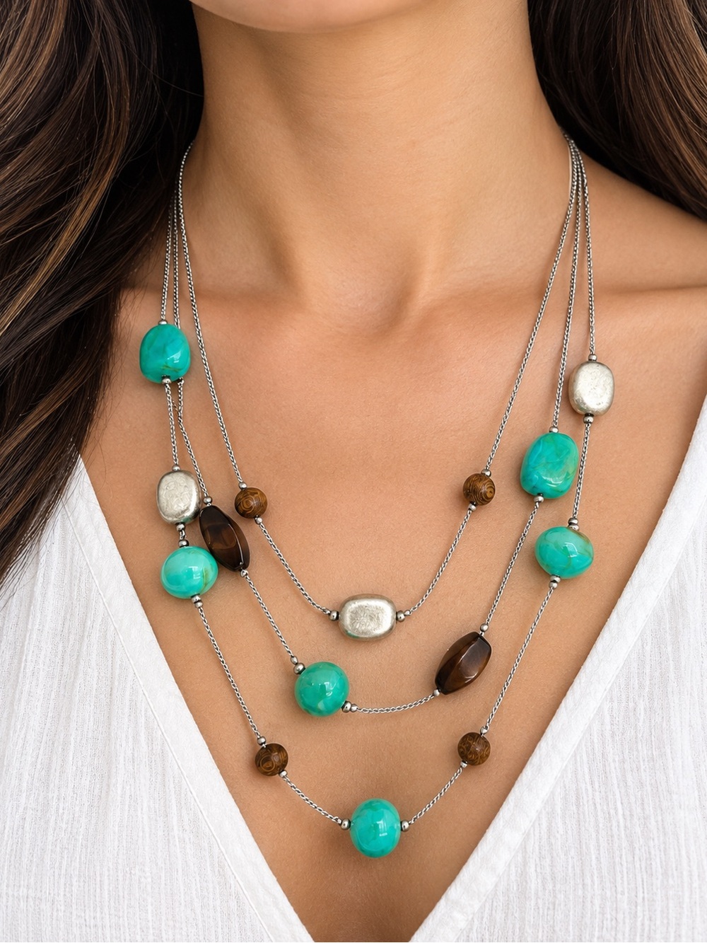 Boho Multi Strand Turquoise Wood Bead Layered Statement Necklace